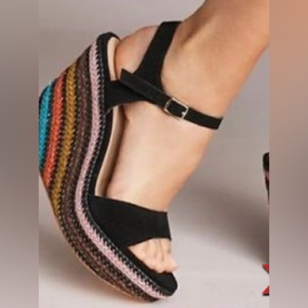 COPY - NWOT Anthropologie + Black with Rainbow Striped Wedges. Size 9M